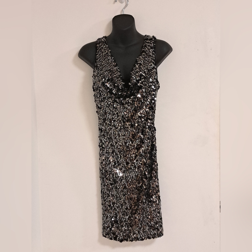 Aqua Dresses Black & Gold Sequined Cowl Neck Mini Dress Misses Size 2
